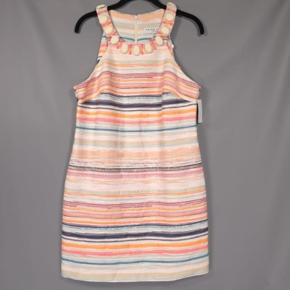 NWT TRINA TURK MultiColor Aptos Jacquard Striped Beaded Neck Mini‎ Dress Size 8